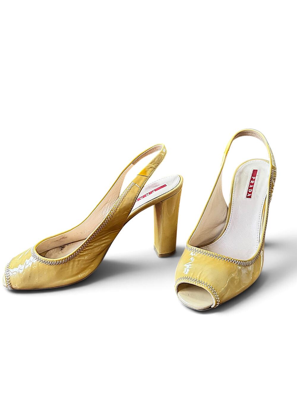 Prada Patent Leather Slingback Peep Toe Pumps Mustard EU 36.5 US 6.5 Italy